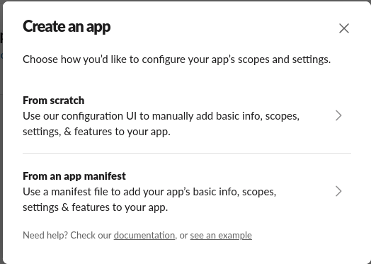 Slack Web UI - create an app options